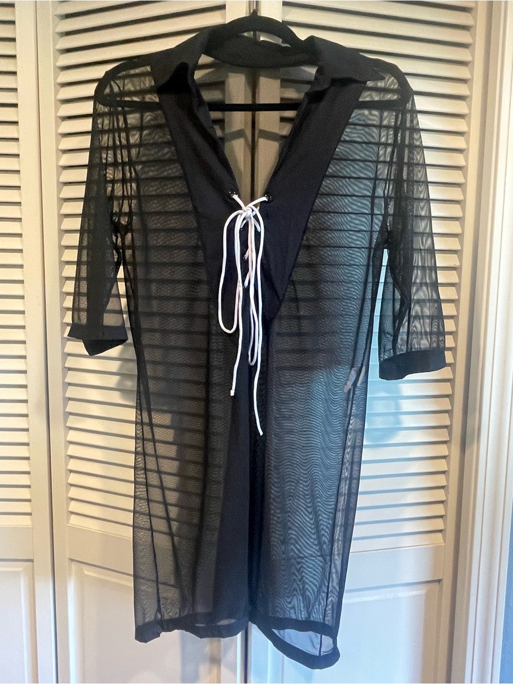 Sheer Black Lace-Up Swim Coverup with Collar